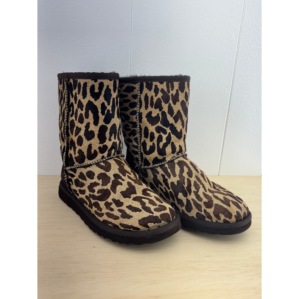 UGG Australia Classic Short Leopard Print Calf Hair Boots Brown Womens 5